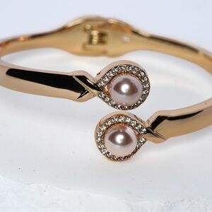 Gold-Tone Pink Imitation Pearl Bypass Hinge Bracelet